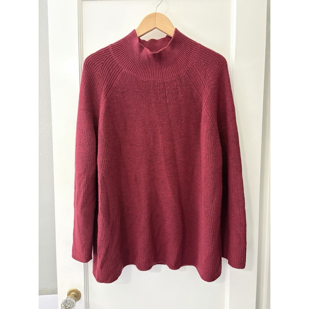 Eileen Fisher 100% Merino Wool Sweater Red Boxy Mock Neck Minimalist Medium